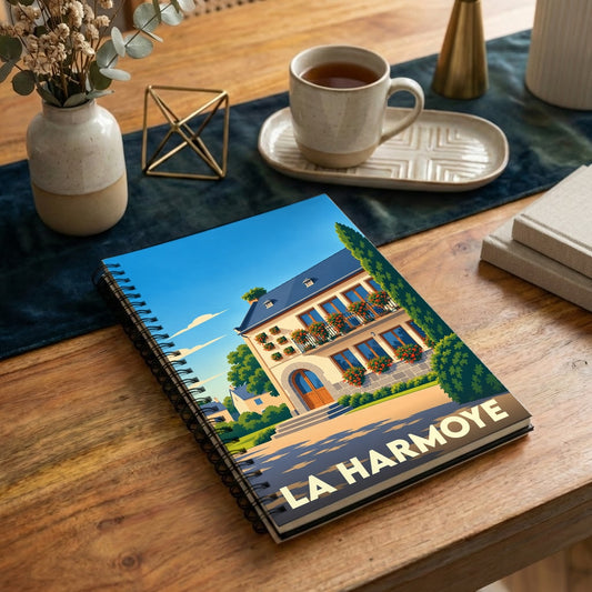Carnet souvenir de la ville de La Harmoye illustré d'un bâtiment fleuri dans un style rétro.