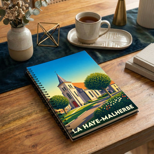 Carnet souvenir de la ville de La Haye-Malherbe avec une illustration stylisée de son église et de son paysage.