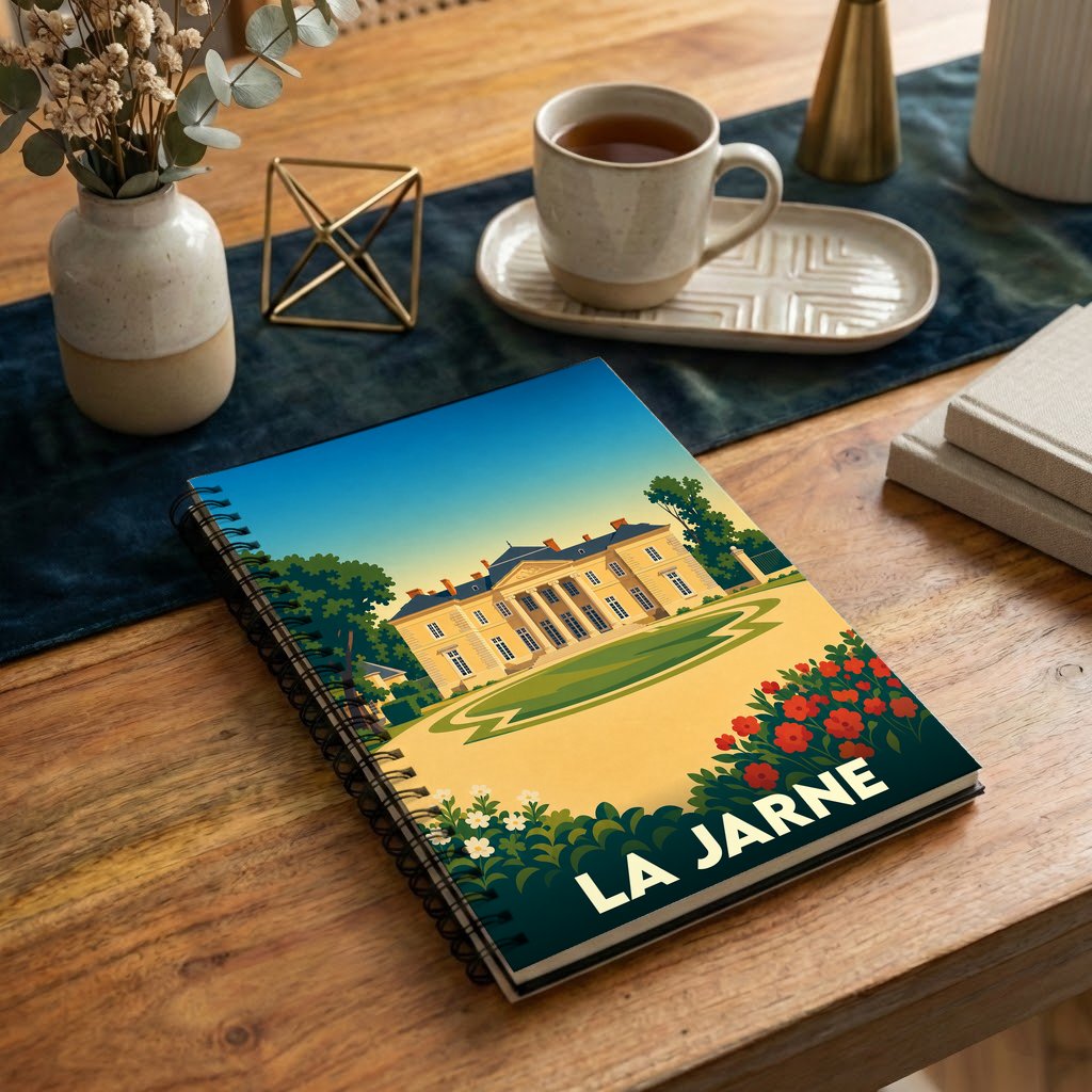 Carnet à spirales souvenir de la ville de La Jarne avec une illustration stylisée d'un château.