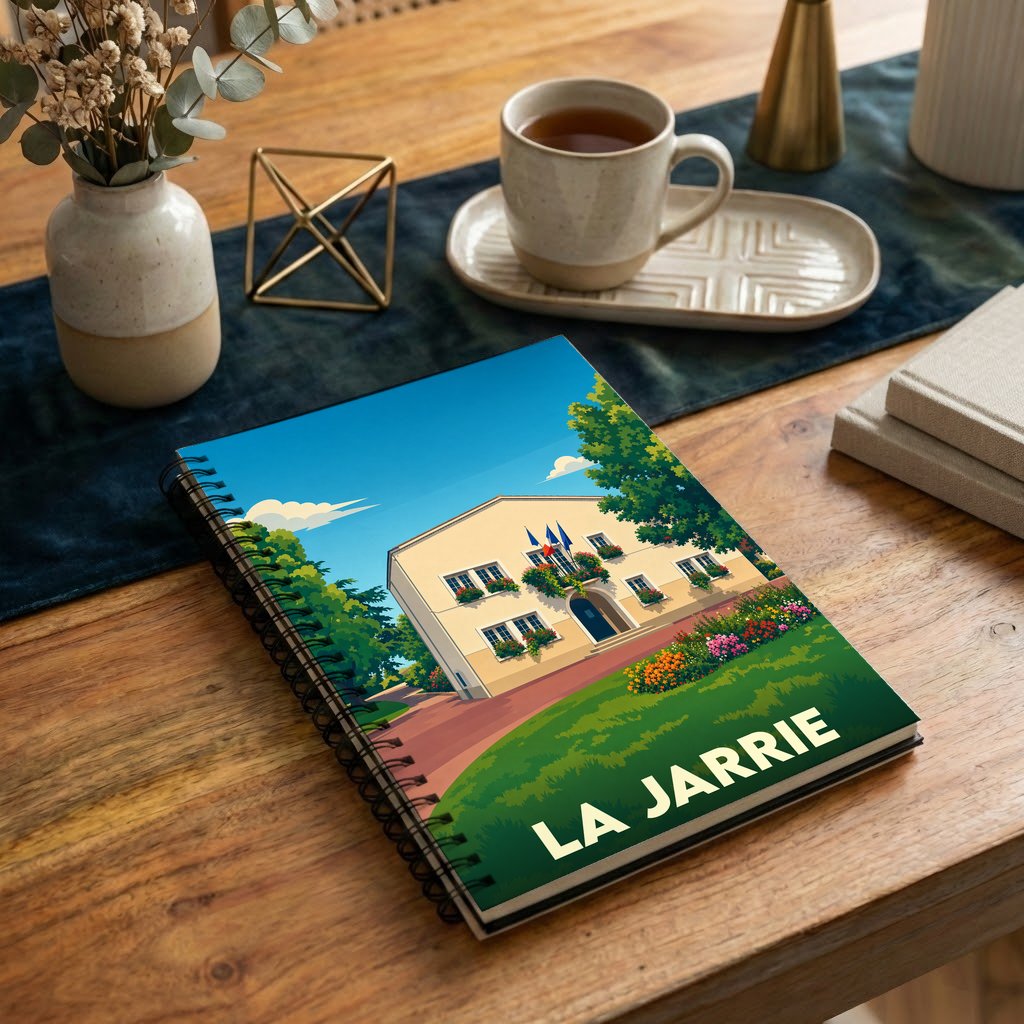 Carnet à spirales souvenir de la ville de La Jarrie avec une illustration stylisée de sa mairie.