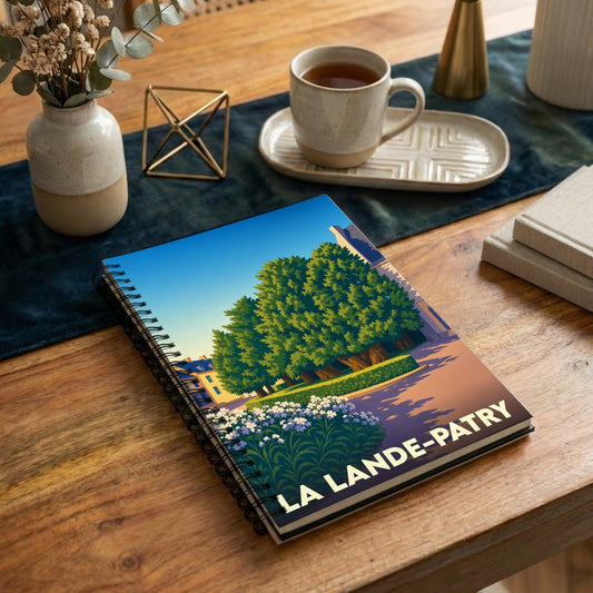 Carnet à spirales souvenir de la ville de La Lande-Patry avec une illustration stylisée et colorée d'un paysage de parc.