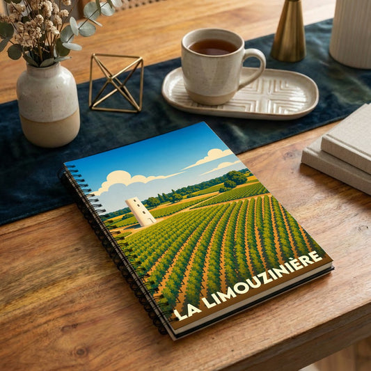 Carnet à spirales souvenir de la ville de La Limouzinière illustré d'un paysage de vignobles stylisé.