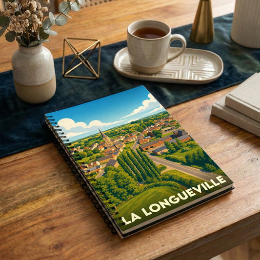 Carnet souvenir de la ville de La Longueville avec une illustration stylisée d'un paysage rural.