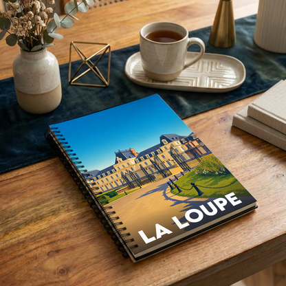 Carnet à spirales souvenir de la ville de La Loupe avec une illustration stylisée.