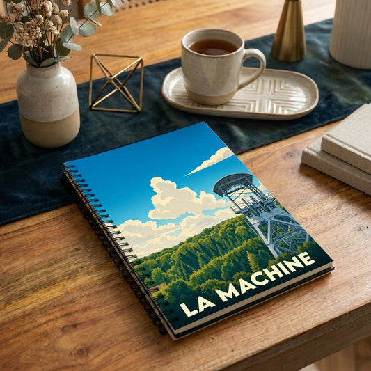 Carnet à spirale souvenir de la ville de La Machine avec une illustration stylisée de son chevalement minier.