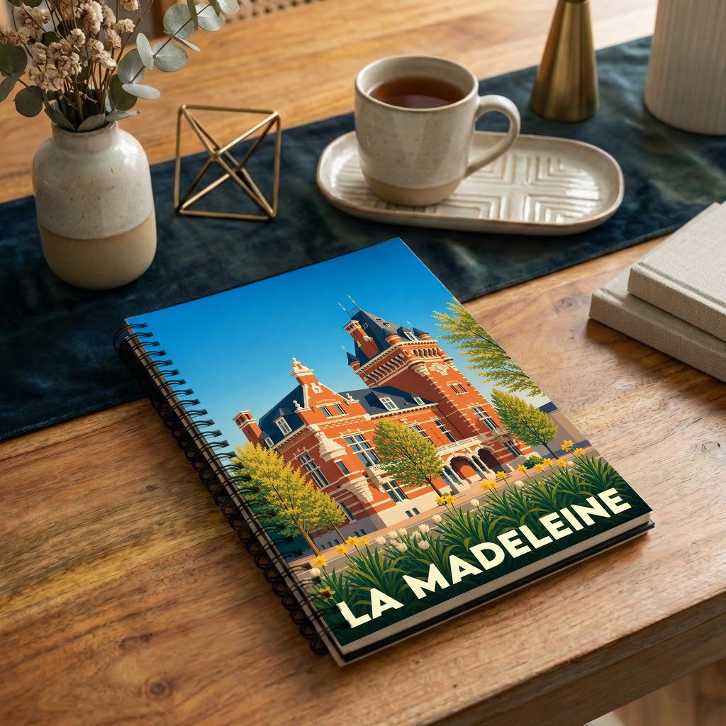 Carnet souvenir de la ville de La Madeleine avec une illustration stylisée de son hôtel de ville.