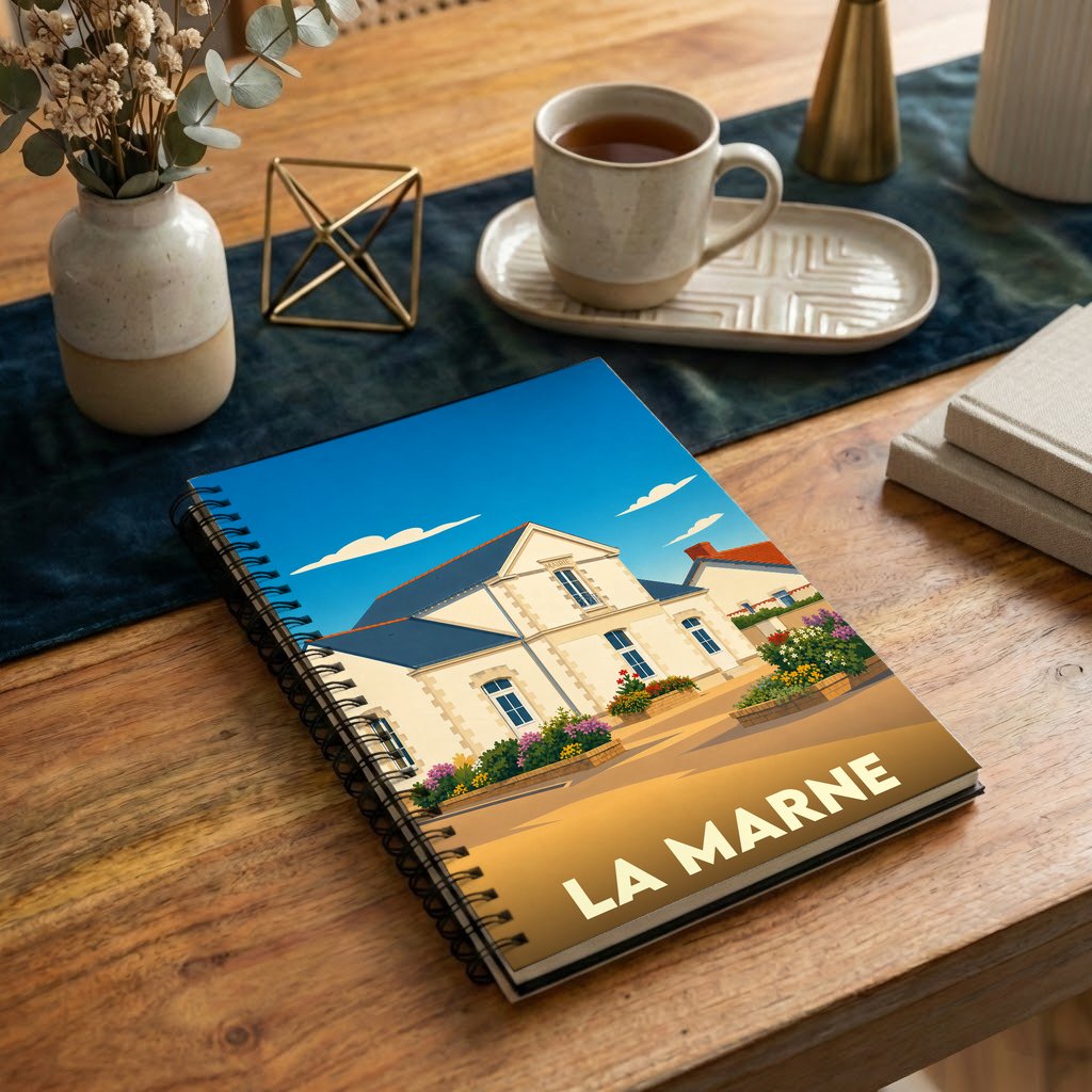 Carnet à spirale souvenir de la ville de La Marne avec une illustration stylisée de sa mairie.
