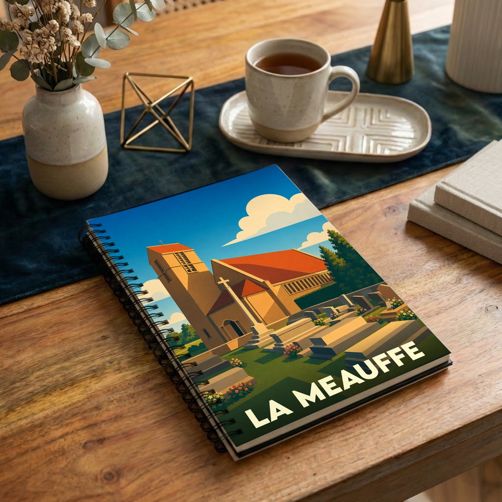 Carnet à spirales souvenir de la ville de La Meauffe avec une illustration stylisée de son église.