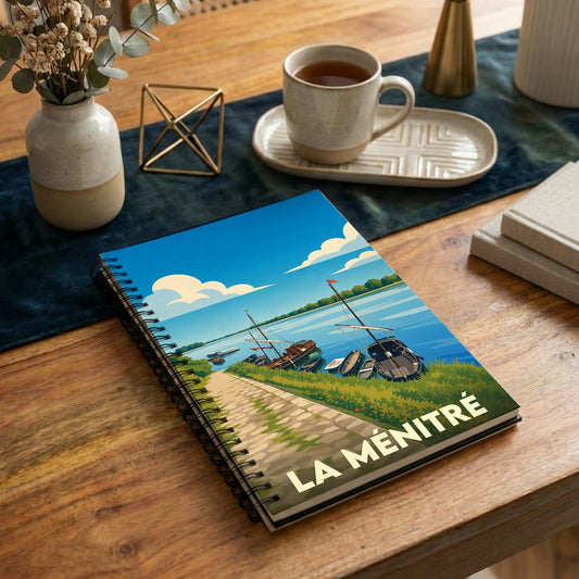 Carnet à spirales souvenir de la ville de La Ménitré illustré d'une scène de bords de Loire avec des bateaux traditionnels.