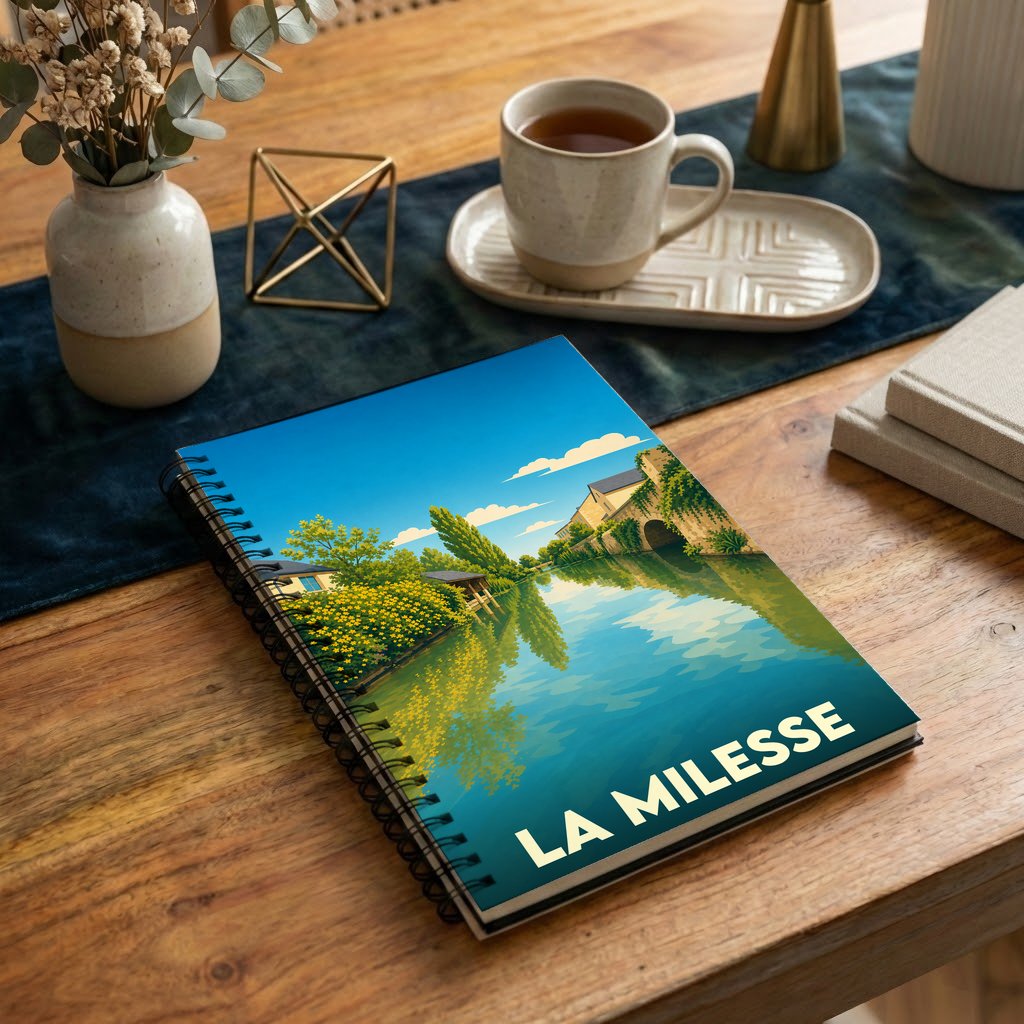 Carnet souvenir de la ville de La Milesse avec une illustration stylisée de ses bords de l'eau.