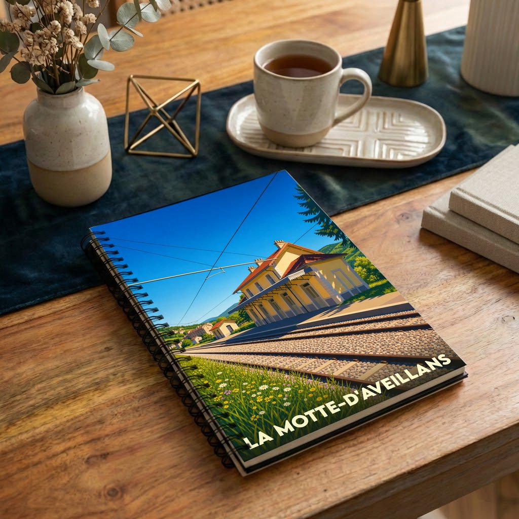 Carnet à spirales souvenir de la ville de La Motte-d'Aveillans avec une illustration stylisée d'une gare ferroviaire.