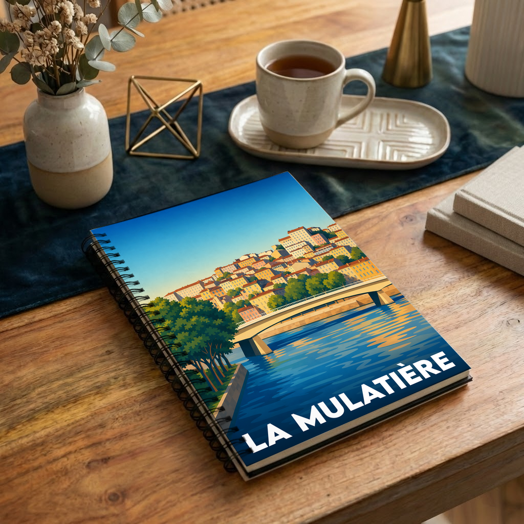 Carnet à spirales souvenir de la ville de La Mulatière avec une illustration stylisée des bords de Saône.