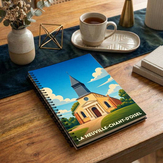 Carnet à spirale souvenir de La Neuville-Chant-d'Oisel avec une illustration stylisée de son église.