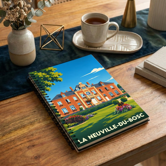 Carnet souvenir de la ville de La Neuville-du-Bosc avec une illustration colorée de sa mairie.