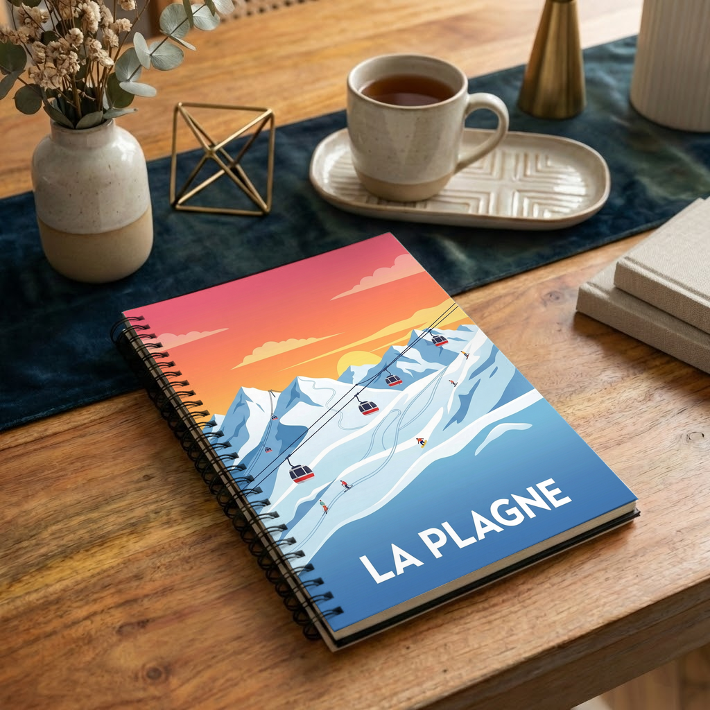 Carnet souvenir de La Plagne avec une illustration stylisée de montagnes et de remontées mécaniques.