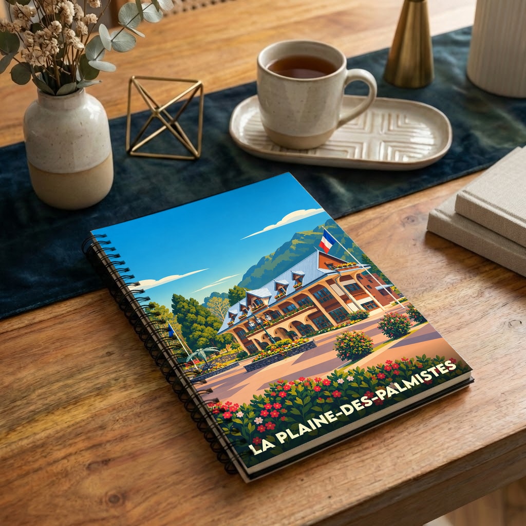 Carnet souvenir de La Plaine-des-Palmistes illustré d'un paysage coloré et stylisé de la ville.