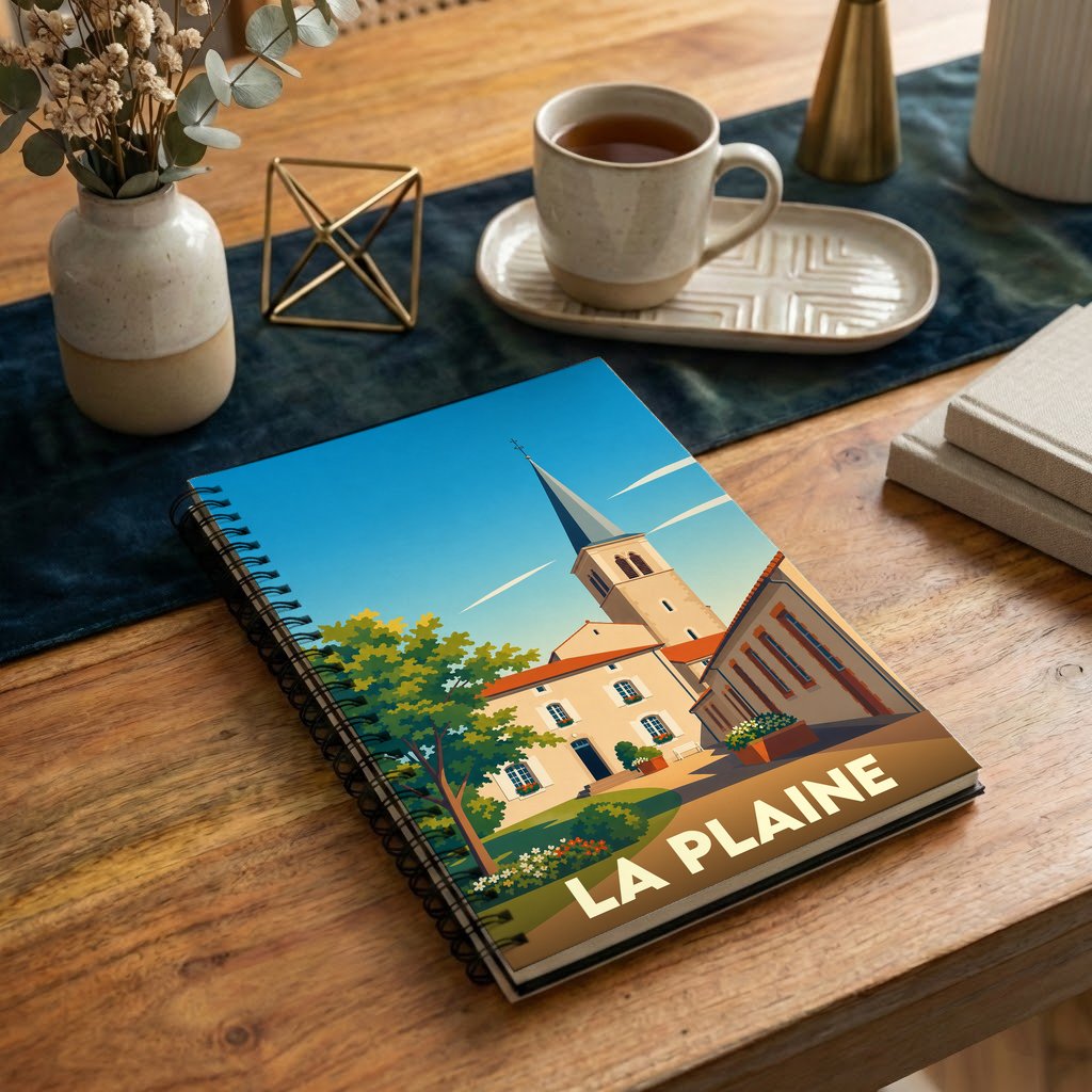Carnet à spirales souvenir de la ville de La Plaine avec une illustration stylisée d'une église et de son village.