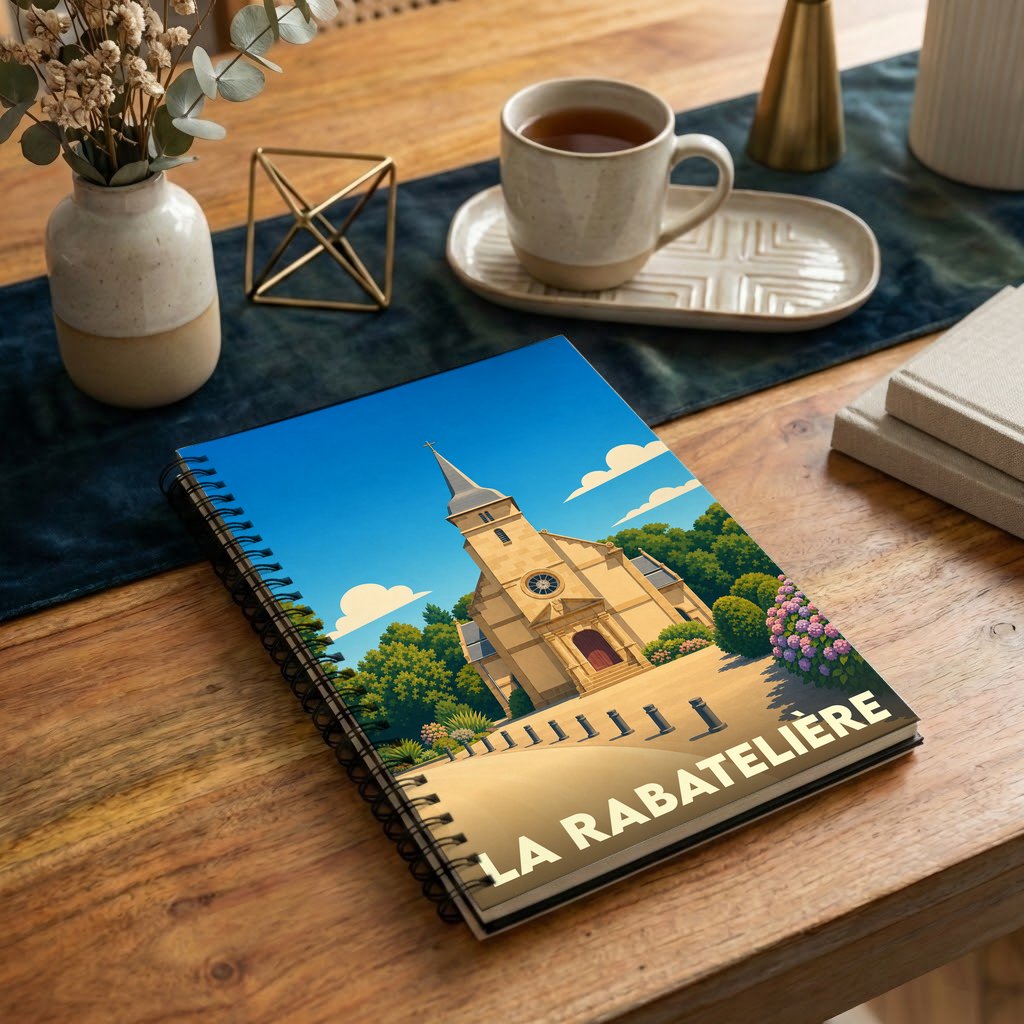 Carnet souvenir de la ville de La Rabatelière avec une illustration stylisée d'une église sous un ciel bleu.