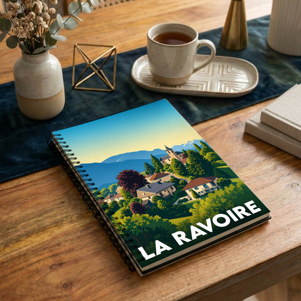 Carnet à spirales souvenir de la ville de La Ravoire avec une illustration stylisée.