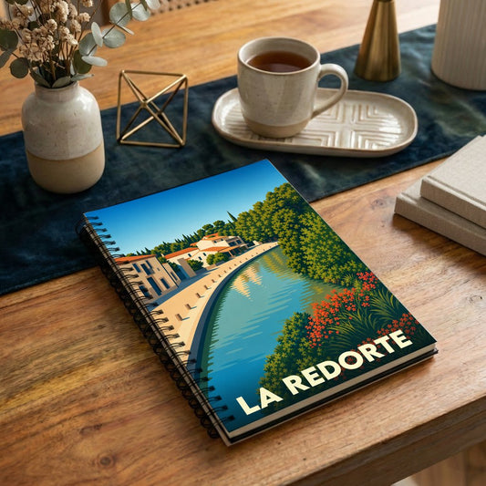 Carnet à spirales souvenir de la ville de La Redorte avec une illustration stylisée du canal et du village.