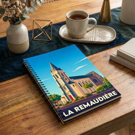 Carnet souvenir de la ville de La Remaudière avec une illustration stylisée de son église.