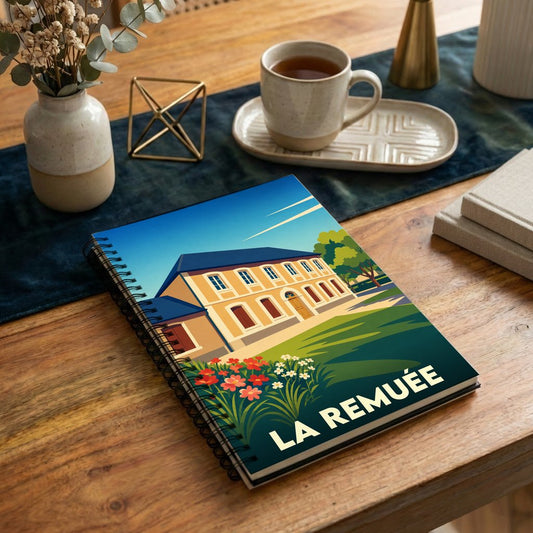 Carnet souvenir de la ville de La Remuée avec une illustration stylisée d'une bâtisse traditionnelle.
