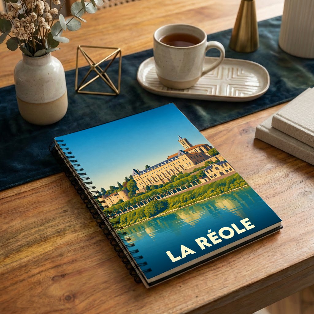 Carnet à spirales souvenir de la ville de La Réole avec une illustration stylisée de son patrimoine en bord de Garonne.