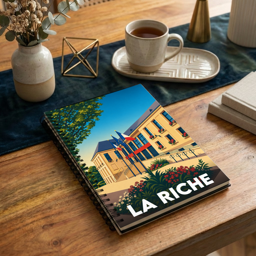 Carnet souvenir de la ville de La Riche avec une illustration stylisée de l'hôtel de ville.