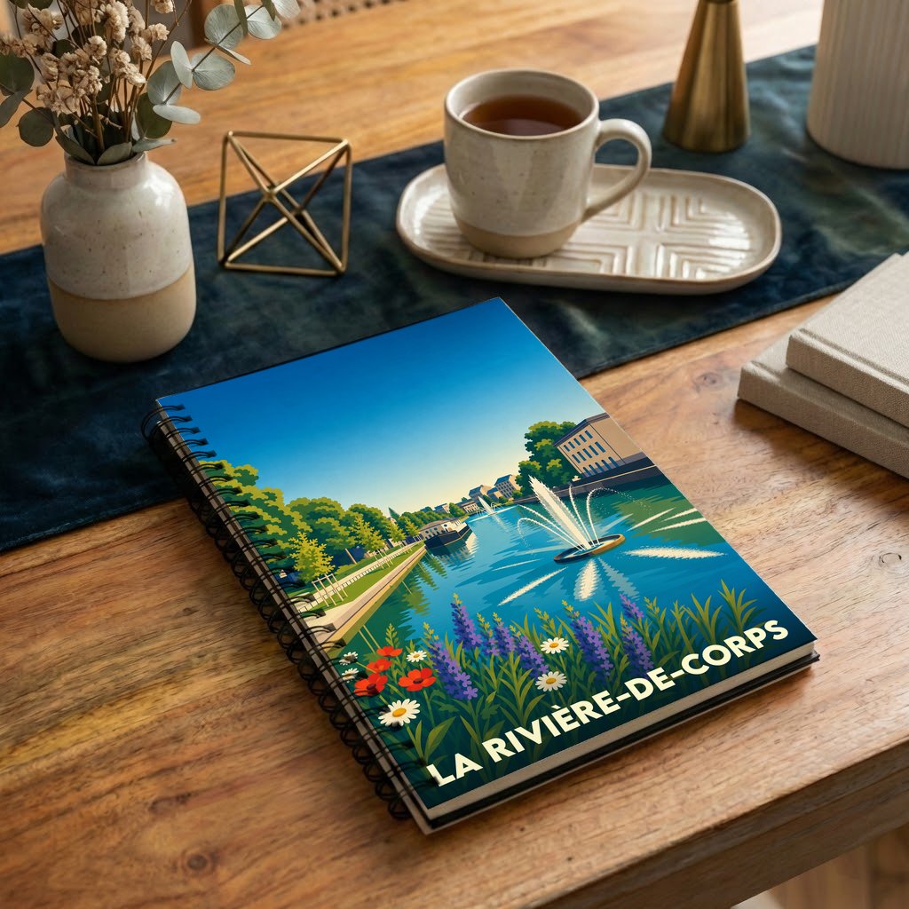 Carnet à spirales souvenir de la ville de La Rivière-de-Corps avec une illustration stylisée d'un parc au bord de l'eau.