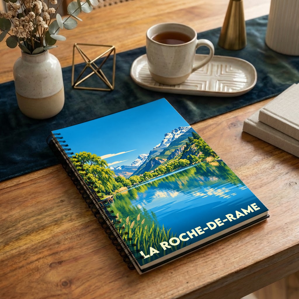 Carnet à spirales souvenir de la ville de La Roche-de-Rame avec une illustration stylisée de son lac et des montagnes.