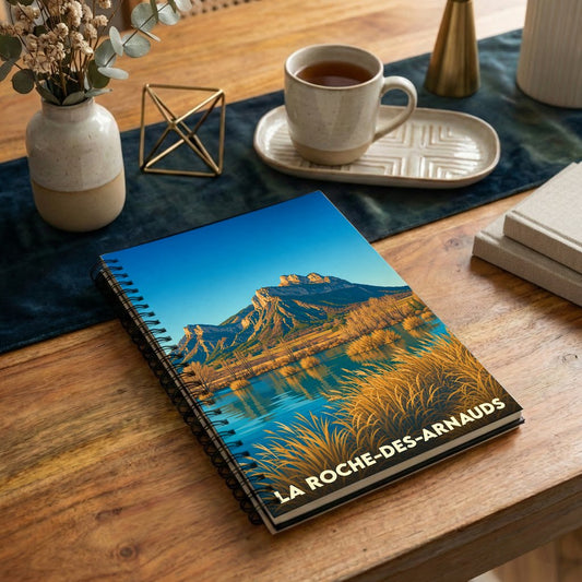 Carnet de notes souvenir de la ville de La Roche-des-Arnauds avec une illustration stylisée de montagne et de lac.