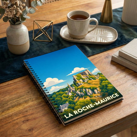 Carnet de notes à spirales souvenir de la ville de La Roche-Maurice avec une illustration stylisée de son château et de son église.