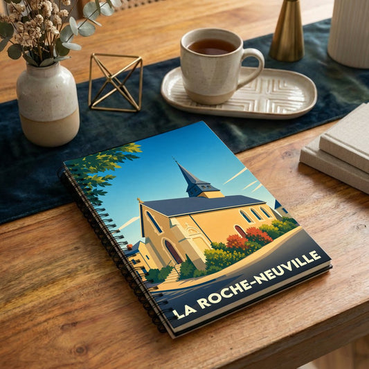 Carnet à spirales souvenir de la ville de La Roche-Neuville avec une illustration stylisée de son église.