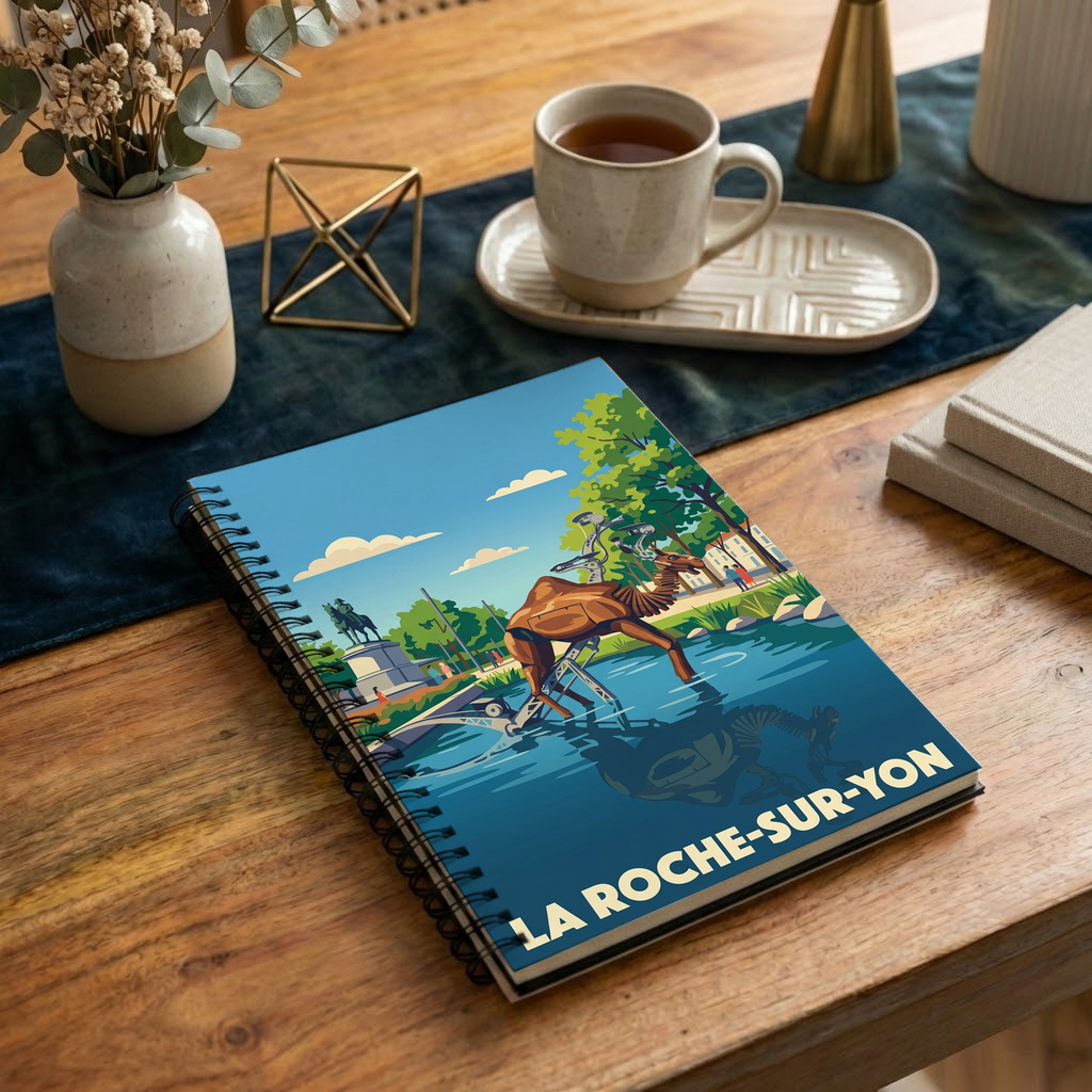 Carnet souvenir de la ville de La Roche-sur-Yon avec une illustration stylisée de ses animaux mécaniques.