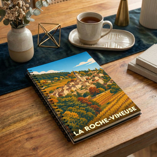 Carnet souvenir de la ville de La Roche-Vineuse avec une illustration stylisée de son paysage vallonné.