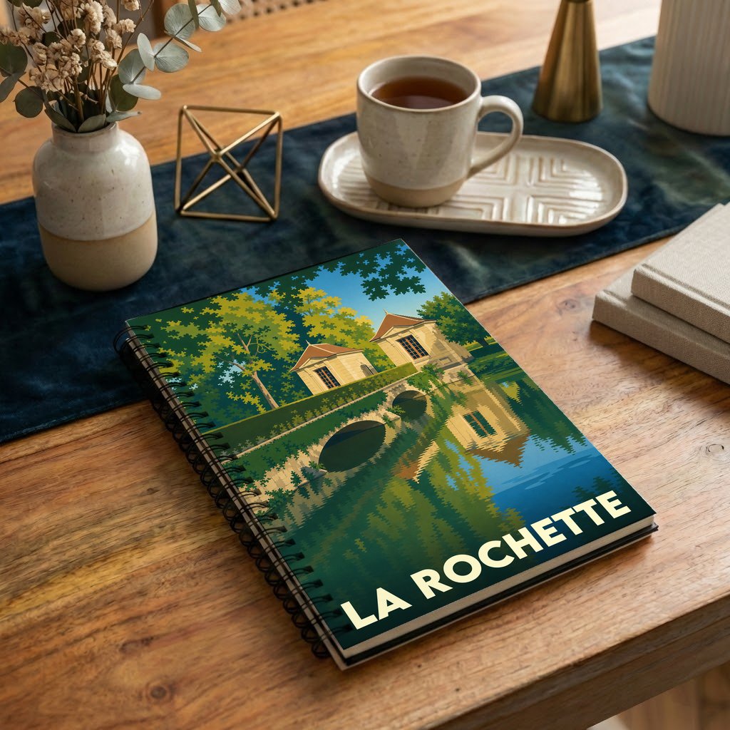 Carnet souvenir de la ville de La Rochette avec une illustration stylisée d'un pont et de ses reflets.