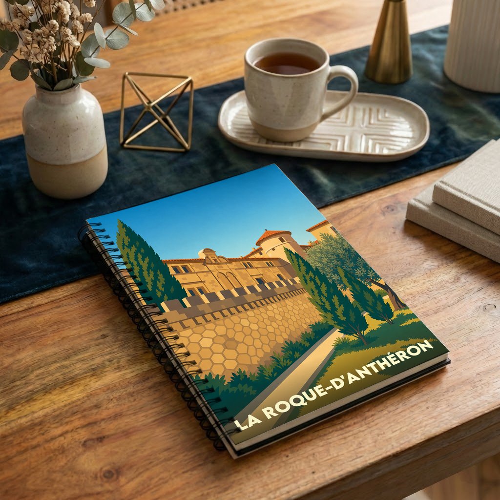 Carnet souvenir de La Roque-d'Anthéron illustré par un dessin stylisé de son château.