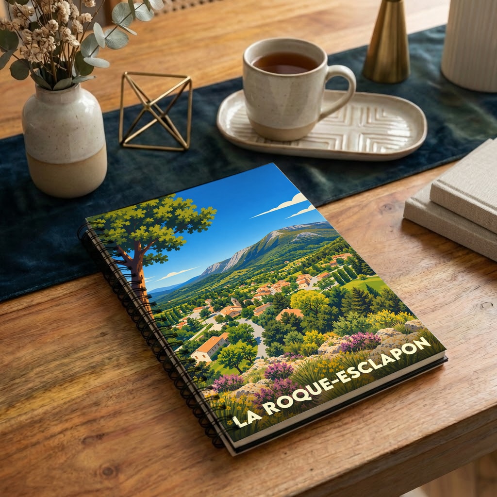 Carnet souvenir à spirales de la ville de La Roque-Esclapon avec une illustration de paysage colorée.