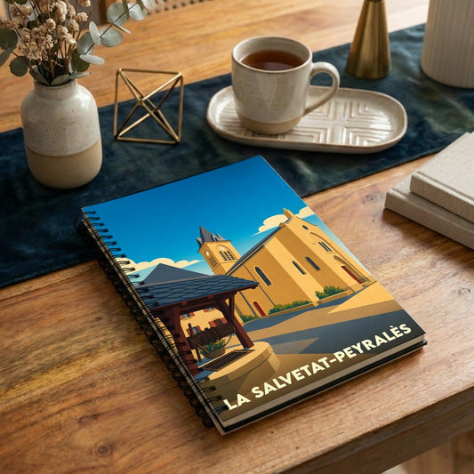 Carnet à spirales souvenir de la ville de La Salvetat-Peyralès avec une illustration stylisée de son église et de son puits.