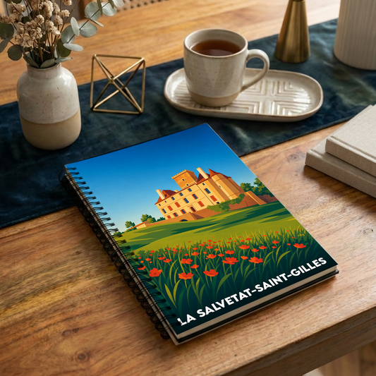 Carnet à spirales souvenir de la ville de La Salvetat-Saint-Gilles avec une illustration stylisée d'un château.