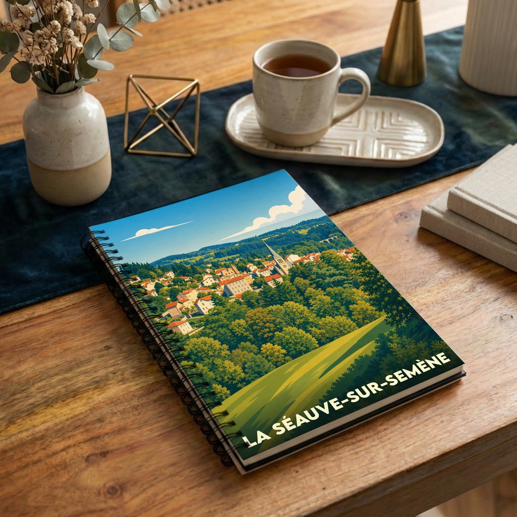Carnet souvenir de la ville de La Séauve-sur-Semène avec une illustration stylisée de son paysage vallonné.