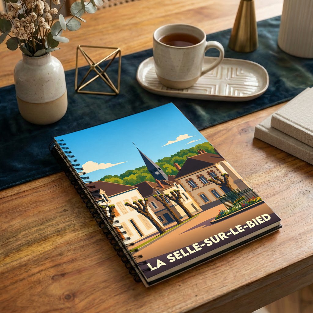 Carnet à spirales souvenir de la ville de La Selle-sur-le-Bied avec une illustration stylisée.