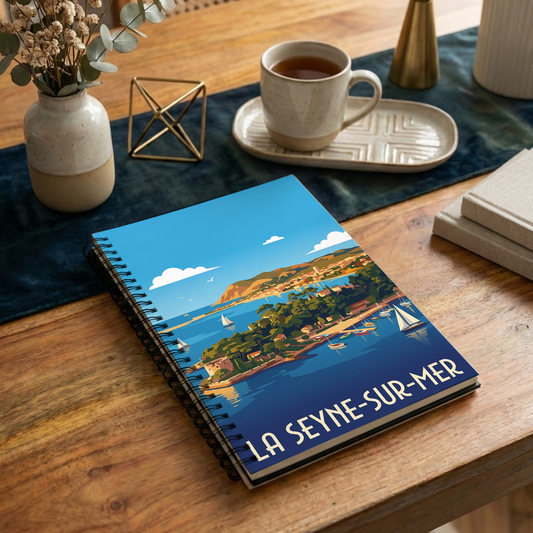 Carnet souvenir de la ville de La Seyne-sur-Mer avec une illustration stylisée de son littoral.