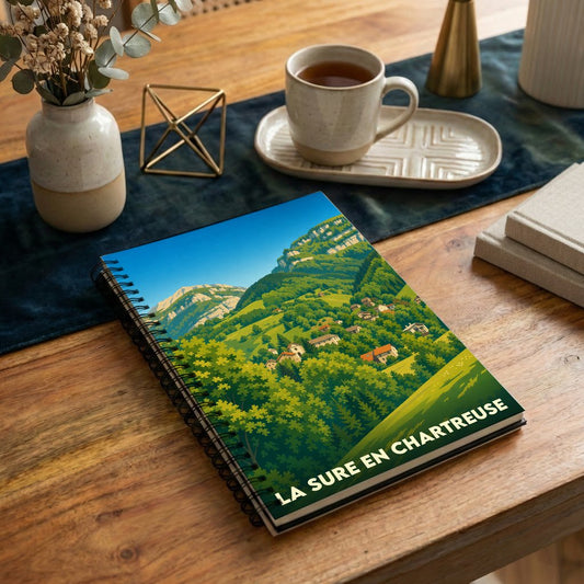 Carnet à spirale souvenir de La Sure en Chartreuse avec une illustration stylisée de paysages montagneux.