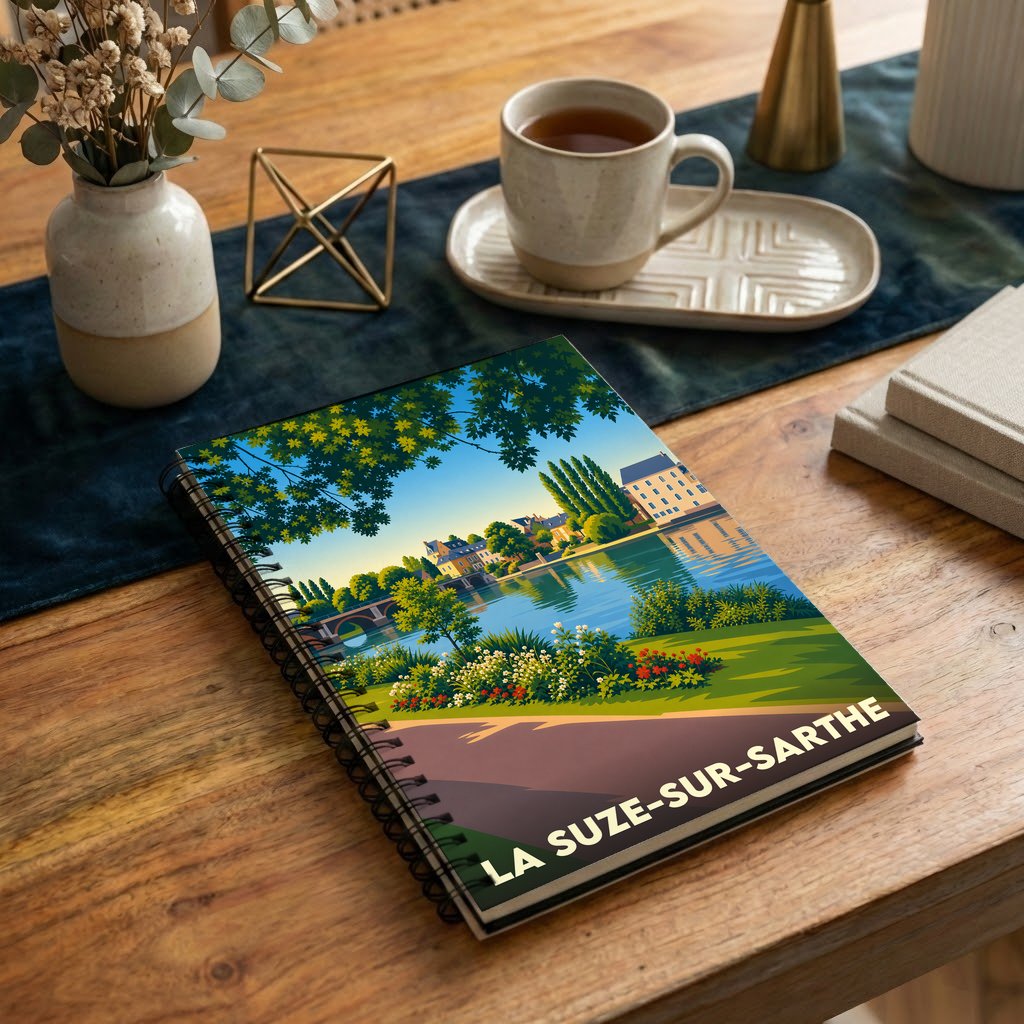 Carnet souvenir de la ville de La Suze-sur-Sarthe avec une illustration stylisée des bords de l'Eure.