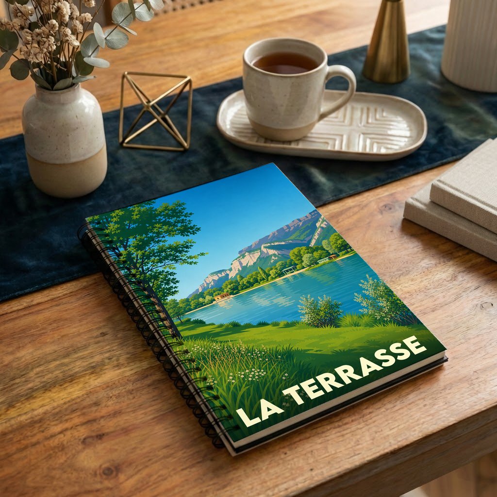 Carnet souvenir de la ville de La Terrasse avec une illustration stylisée d'un lac de montagne.