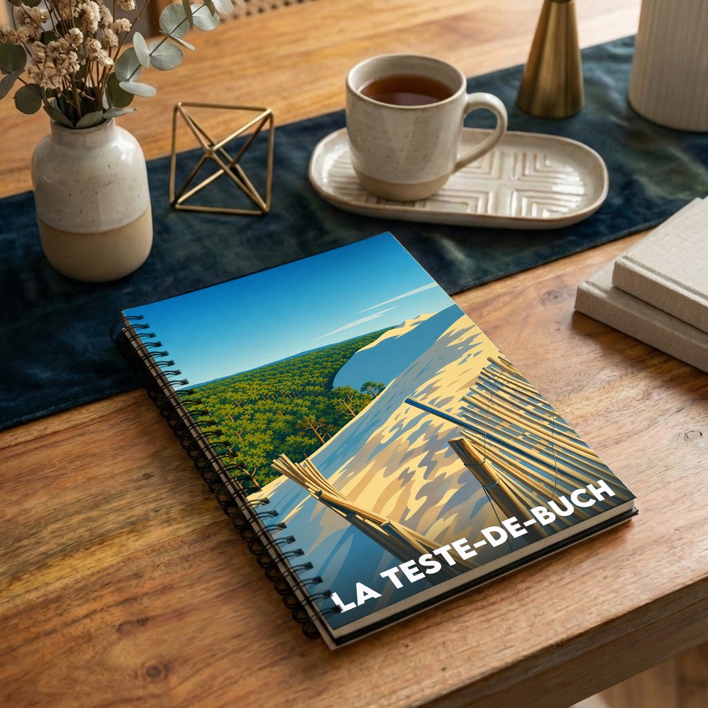 Carnet souvenir de la ville de La Teste-de-Buch avec une illustration stylisée de la dune du Pilat.