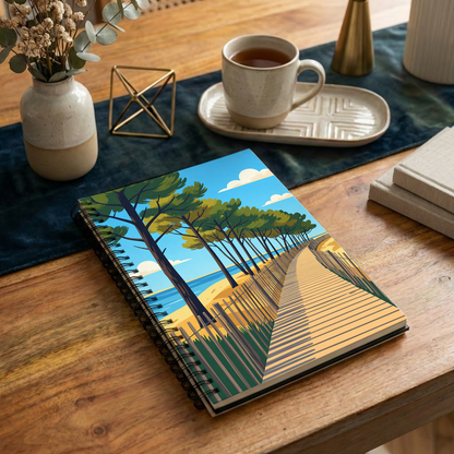 Carnet souvenir de la ville de La Teste-de-Buch avec une illustration stylisée de son littoral bordé de pins.