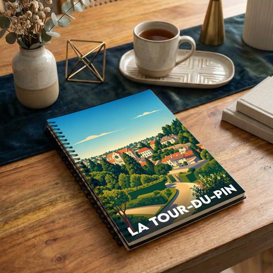 Carnet à spirales souvenir de la ville de La Tour-du-Pin avec une illustration paysagère stylisée.
