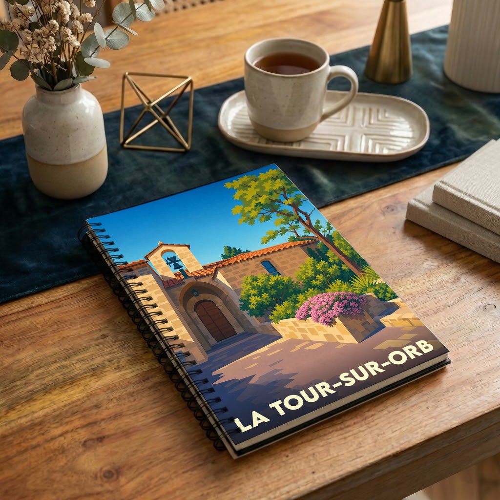 Carnet souvenir de la ville de La Tour-sur-Orb illustré par un dessin stylisé de son architecture provençale.